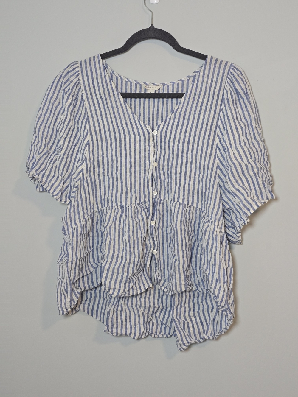 Cato Blue White Striped Peplum Blouse Button Front Ruffle Hem Beach Resort L